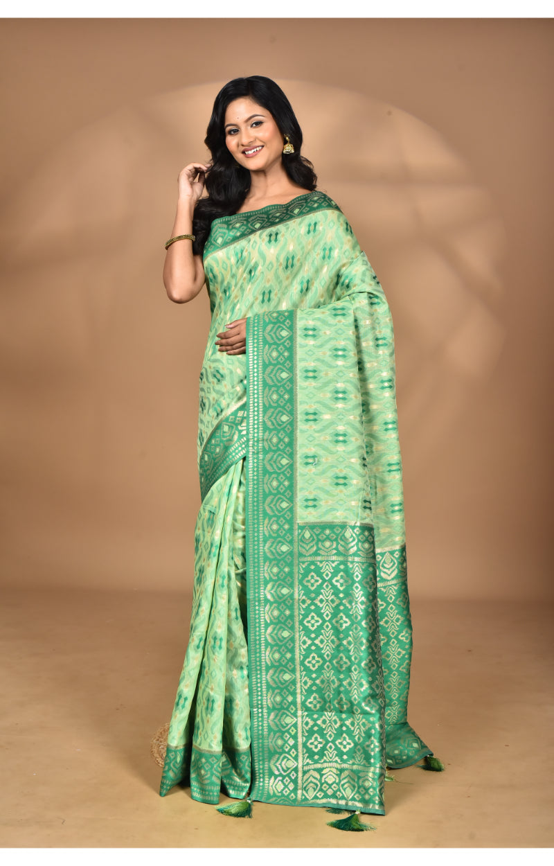 Morchari Women Desgin Kashmiri Silk Linen Saree-Green | Grocsy