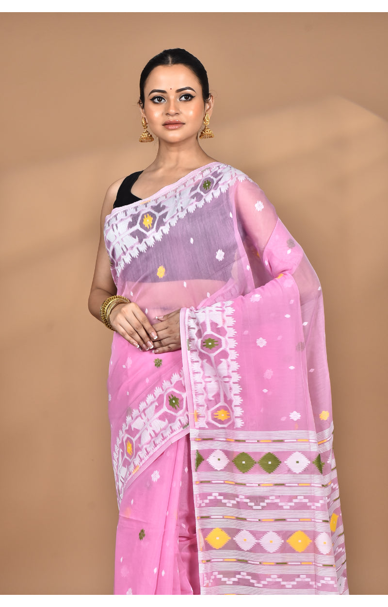Morchari Pure Cotton Dhakai Jamdani Handloom Saree-Pink | Grocsy