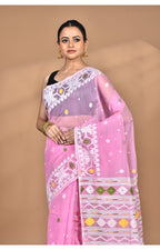 Morchari Pure Cotton Dhakai Jamdani Handloom Saree-Pink | Grocsy