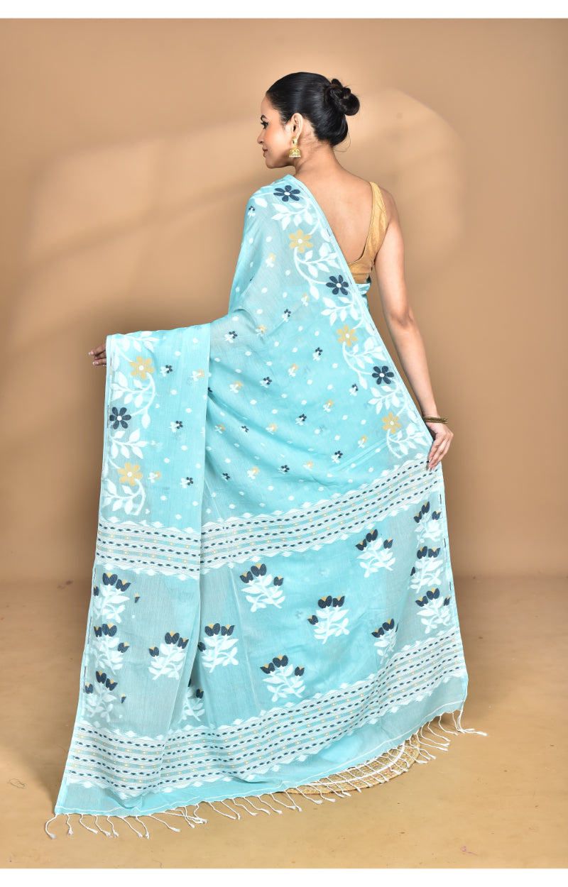 Morchari Pure Cotton Dhakai Jamdani Handloom Saree-Blue | Grocsy