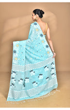 Morchari Pure Cotton Dhakai Jamdani Handloom Saree-Blue | Grocsy