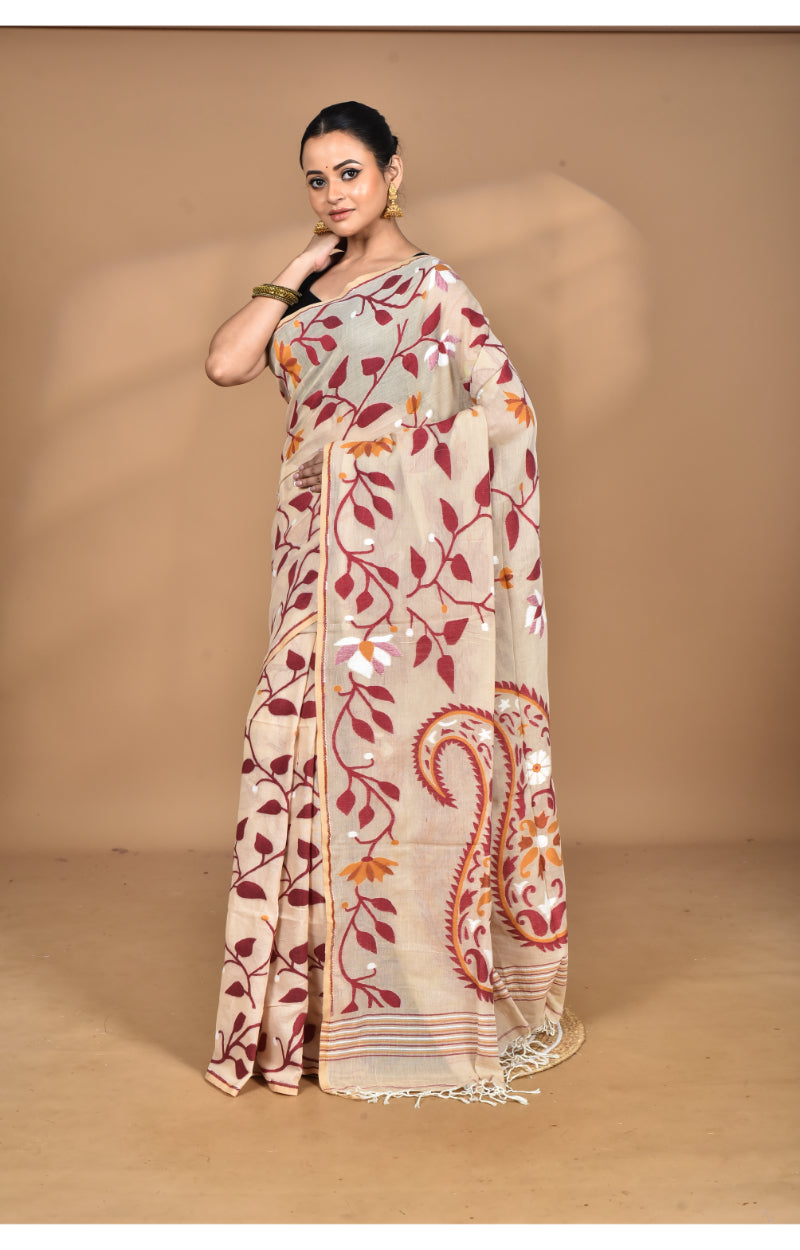 Morchari Pure Cotton Dhakai Jamdani Handloom Saree-Burlywood | Grocsy