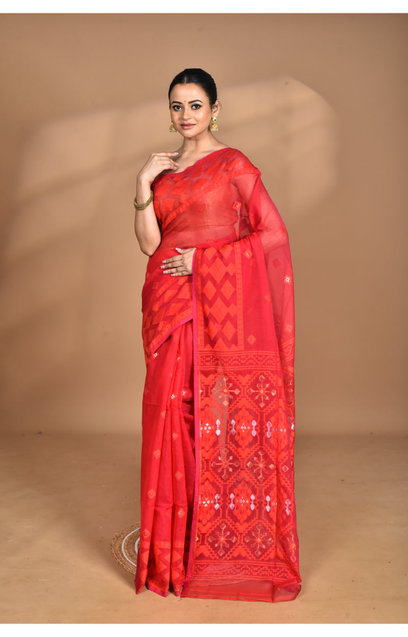Morchari Pure Cotton Dhakai Jamdani Handloom Saree-Red | Grocsy