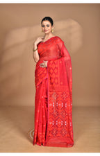 Morchari Pure Cotton Dhakai Jamdani Handloom Saree-Red | Grocsy