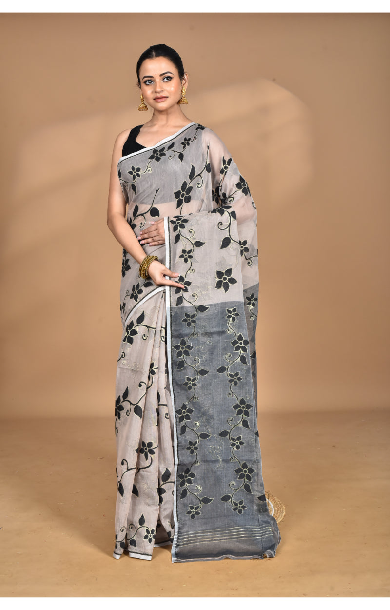 Morchari Pure Cotton Dhakai Jamdani Handloom Saree-Beige | Grocsy