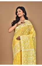 Morchari Pure Cotton Dhakai Jamdani Handloom Saree-Yellow | Grocsy