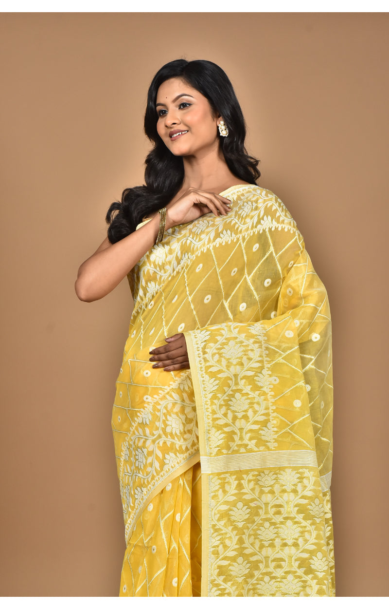 Morchari Pure Cotton Dhakai Jamdani Handloom Saree-Yellow | Grocsy