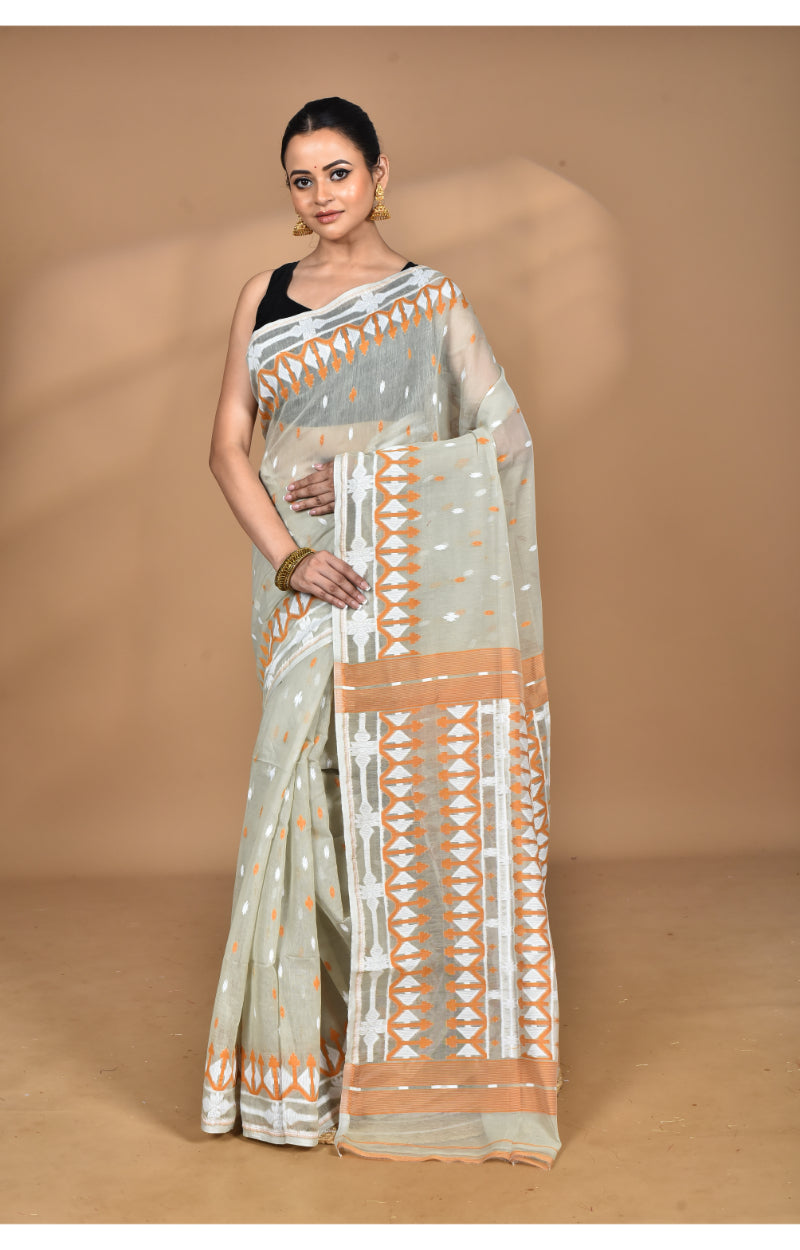 Morchari Pure Cotton Dhakai Jamdani Handloom Saree-Beige | Grocsy