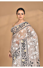 Morchari Pure Cotton Dhakai Jamdani Handloom Saree-Beige | Grocsy