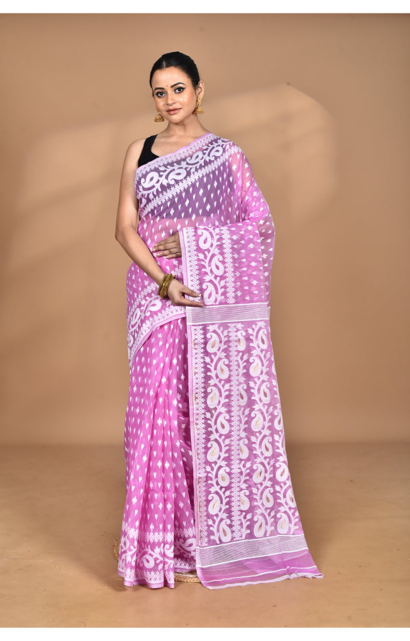 Morchari Pure Cotton Dhakai Jamdani Handloom Saree-Pink | Grocsy