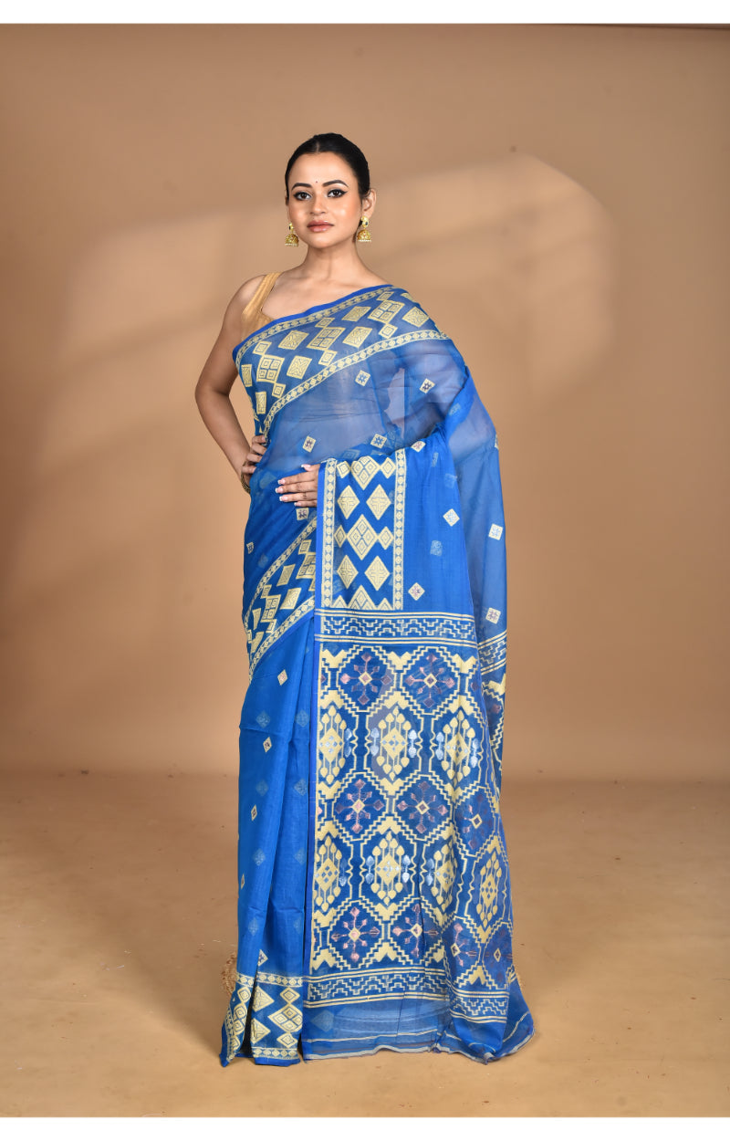 Morchari Pure Cotton Dhakai Jamdani Handloom Saree-Navy Blue | Grocsy
