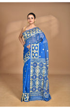 Morchari Pure Cotton Dhakai Jamdani Handloom Saree-Navy Blue | Grocsy