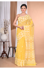 Morchari Pure Cotton Dhakai Jamdani Handloom Saree-Yellow | Grocsy
