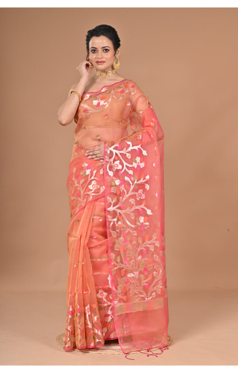 Morchari Semi Orzanga Jamdani Silk Saree-Peach | Grocsy