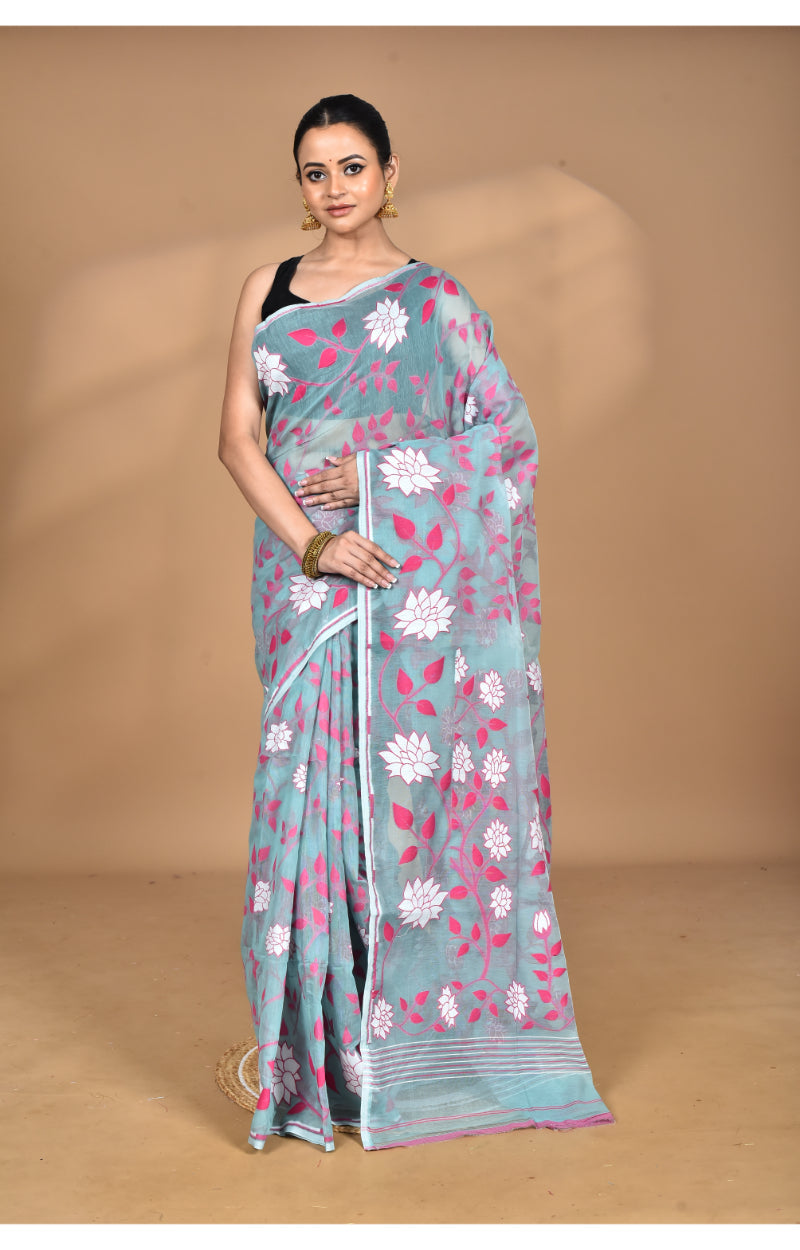Morchari Pure Cotton Dhakai Jamdani Handloom Saree-Blue | Grocsy