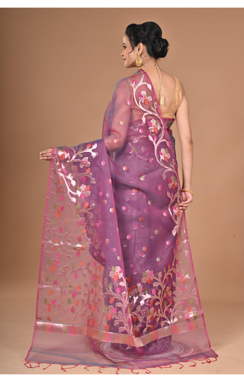 Morchari Semi Orzanga Jamdani Silk Saree-Wine | Grocsy