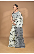 Morchari Pure Cotton Dhakai Jamdani Handloom Saree-Cream | Grocsy