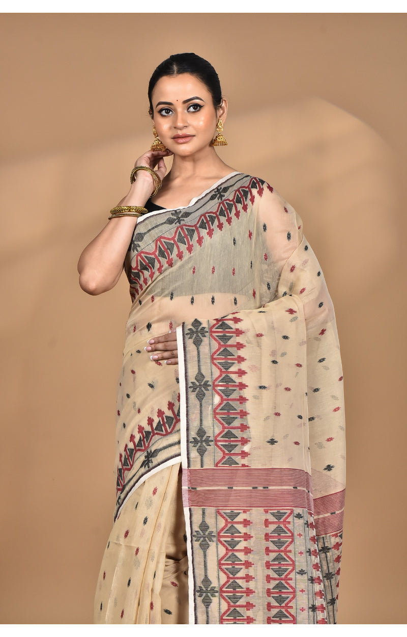 Morchari Pure Cotton Dhakai Jamdani Handloom Saree-Beige | Grocsy