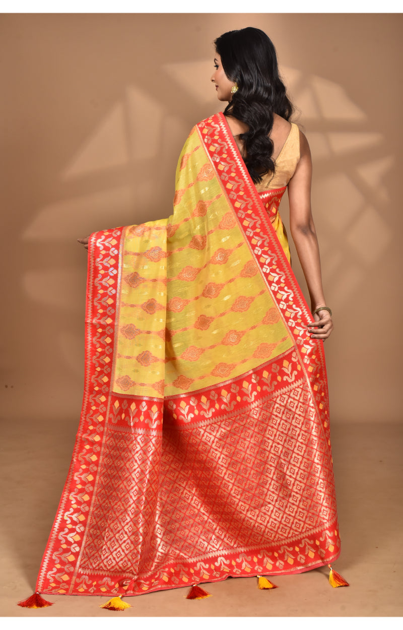 Morchari Women Desgin Kashmiri Silk Linen Saree-Yellow | Grocsy