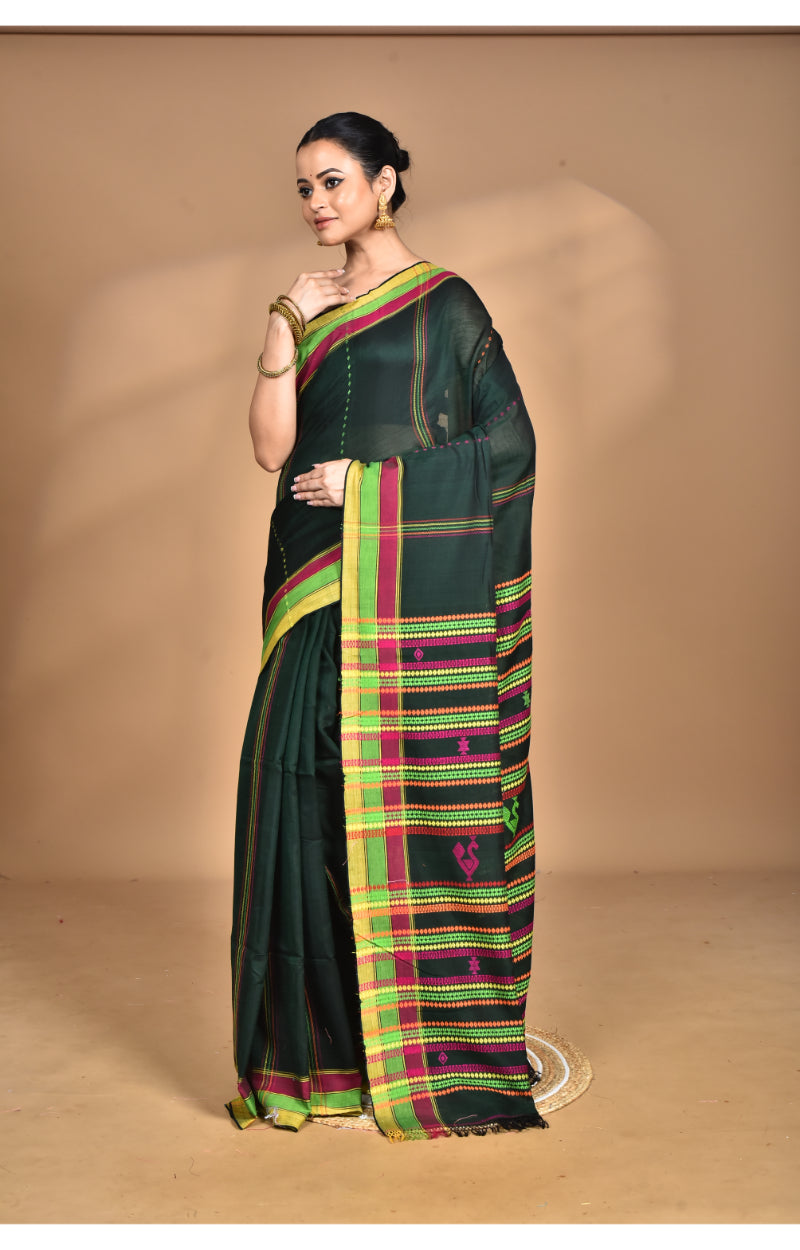 Morchari Pure Cotton Dhakai Jamdani Handloom Saree-Green | Grocsy