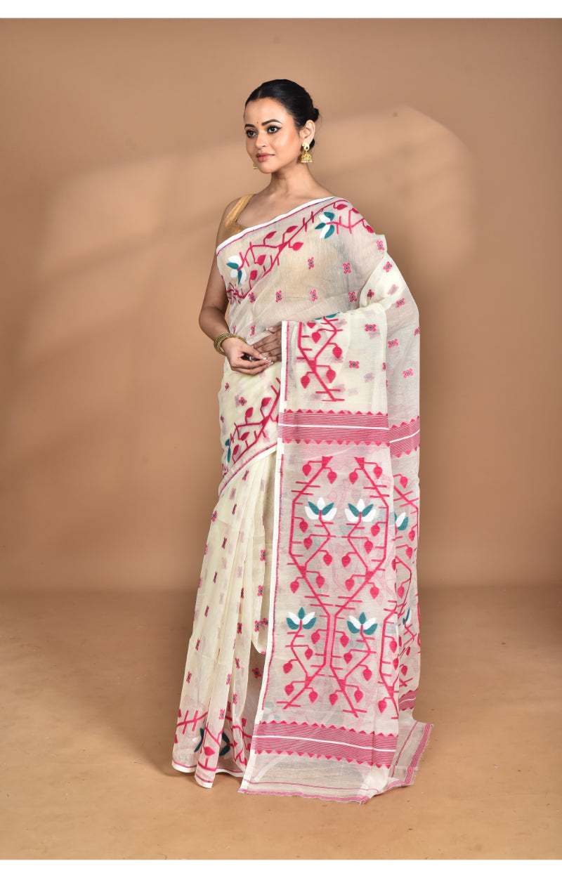 Morchari Pure Cotton Dhakai Jamdani Handloom Saree-Cream | Grocsy