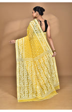 Morchari Pure Cotton Dhakai Jamdani Handloom Saree-Yellow | Grocsy