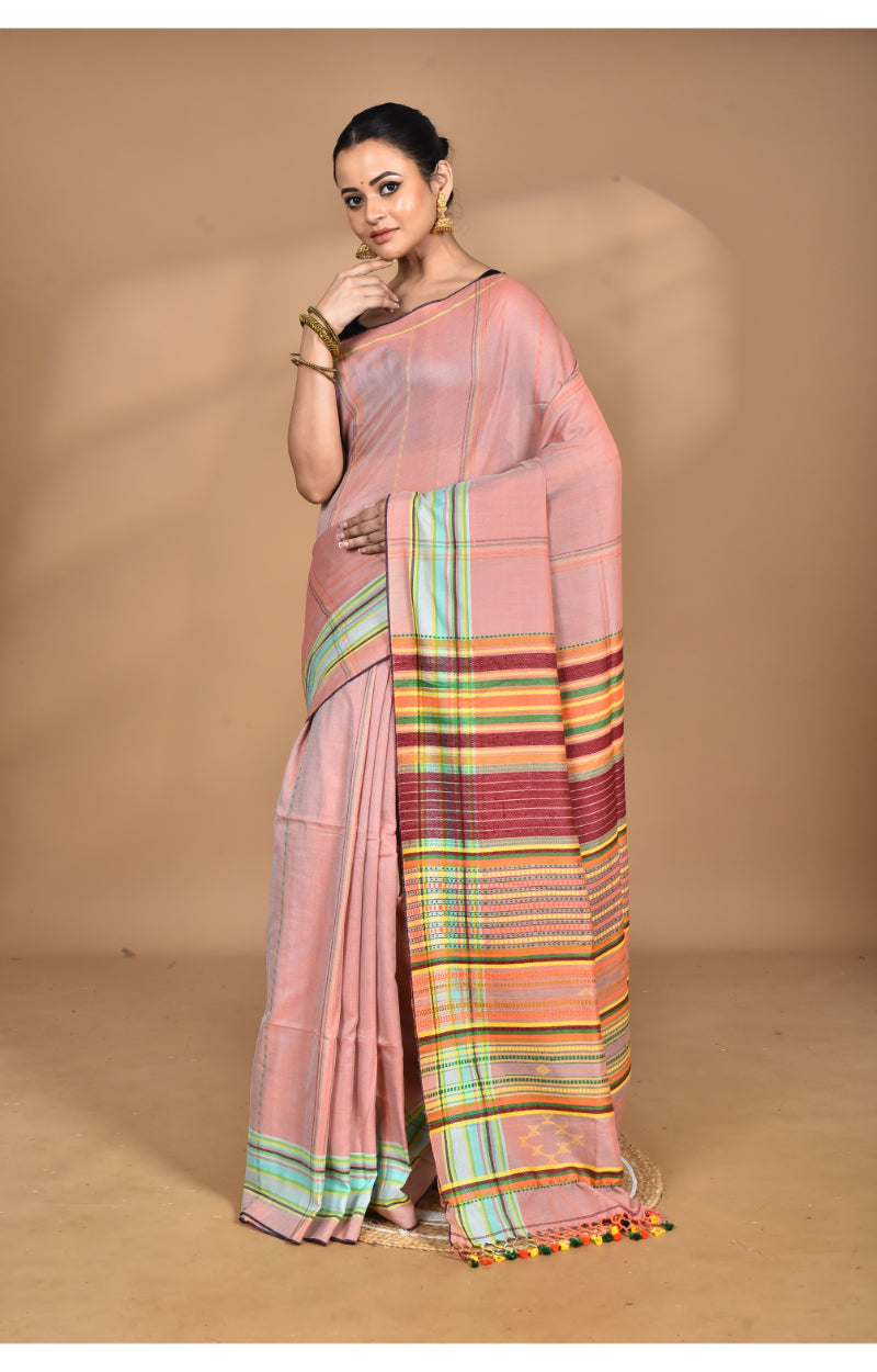Morchari Pure Cotton Dhakai Jamdani Handloom Saree-Peach | Grocsy