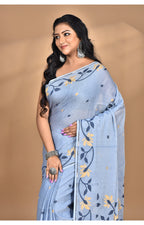 Morchari Pure Cotton Dhakai Jamdani Handloom Saree-Grey | Grocsy