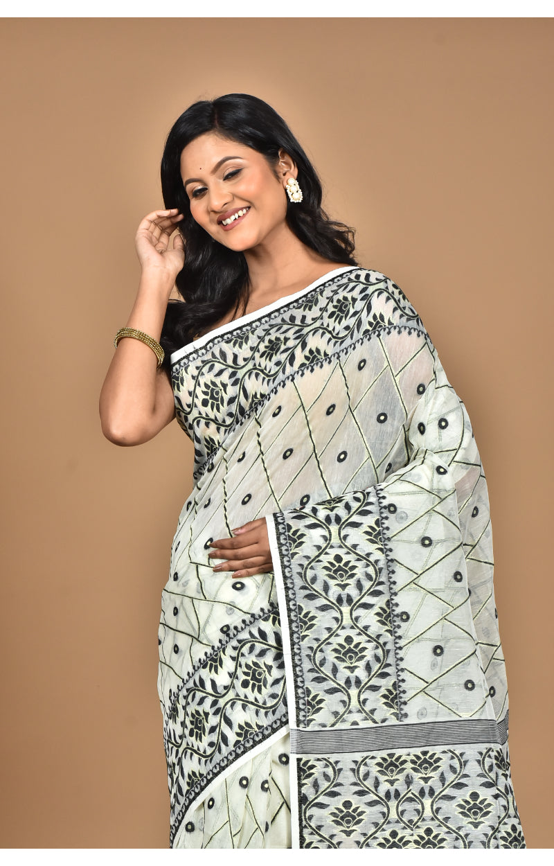 Morchari Pure Cotton Dhakai Jamdani Handloom Saree-Cream | Grocsy