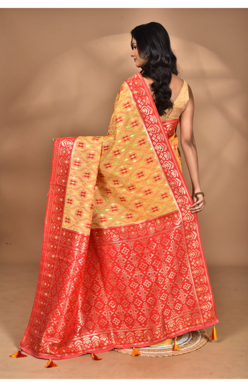 Morchari Women Desgin Kashmiri Silk Linen Saree-Yellow | Grocsy