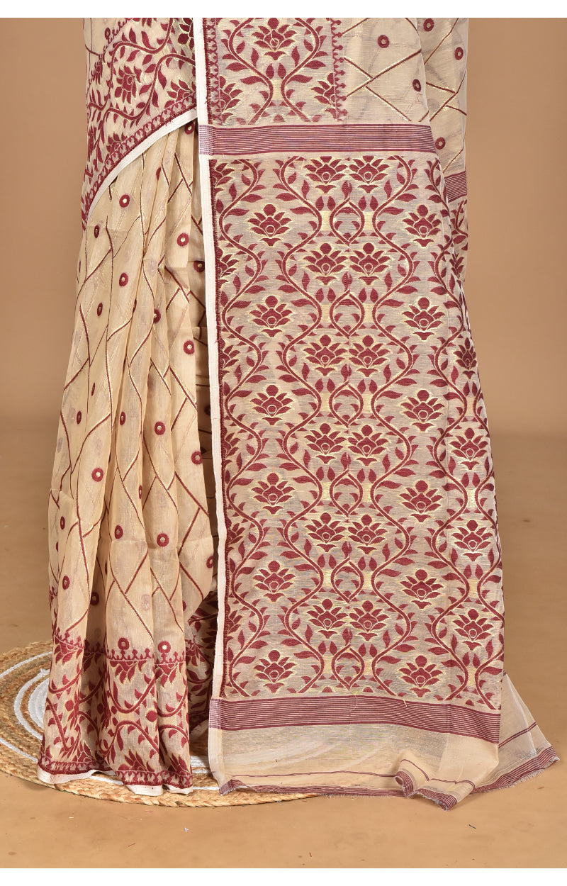 Morchari Pure Cotton Dhakai Jamdani Handloom Saree-Beige | Grocsy