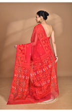 Morchari Pure Cotton Dhakai Jamdani Handloom Saree-Red | Grocsy