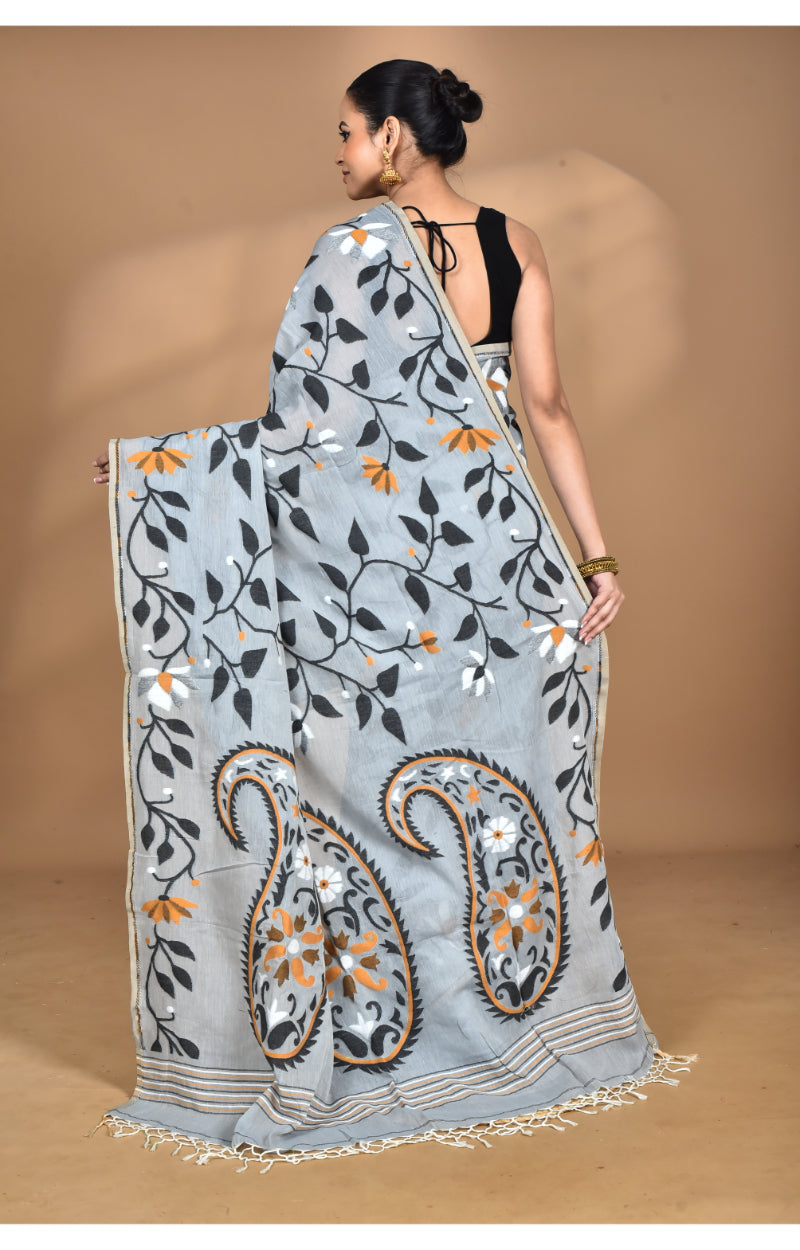 Morchari Pure Cotton Dhakai Jamdani Handloom Saree-Grey | Grocsy