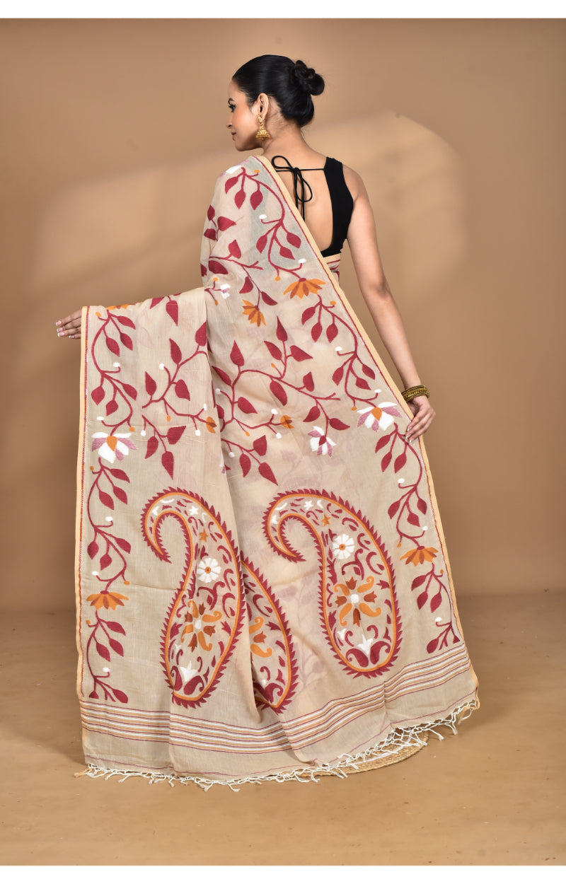 Morchari Pure Cotton Dhakai Jamdani Handloom Saree-Burlywood | Grocsy