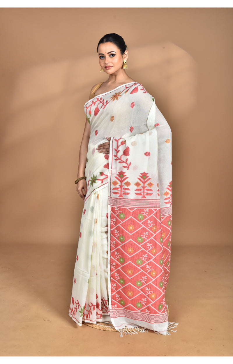 Morchari Pure Cotton Dhakai Jamdani Handloom Saree-Off White | Grocsy