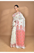 Morchari Pure Cotton Dhakai Jamdani Handloom Saree-Off White | Grocsy