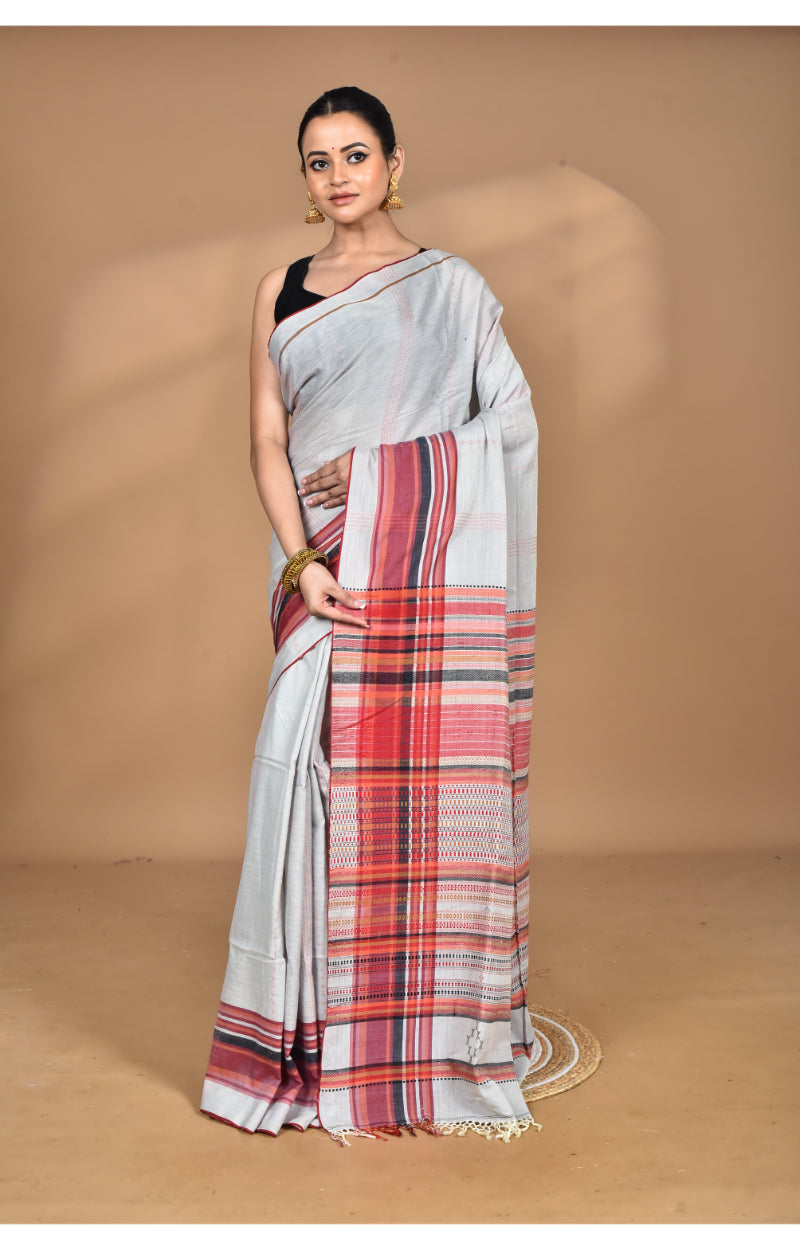 Morchari Pure Cotton Dhakai Jamdani Handloom Saree-Grey | Grocsy