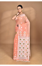 Morchari Pure Cotton Dhakai Jamdani Handloom Saree-Peach | Grocsy