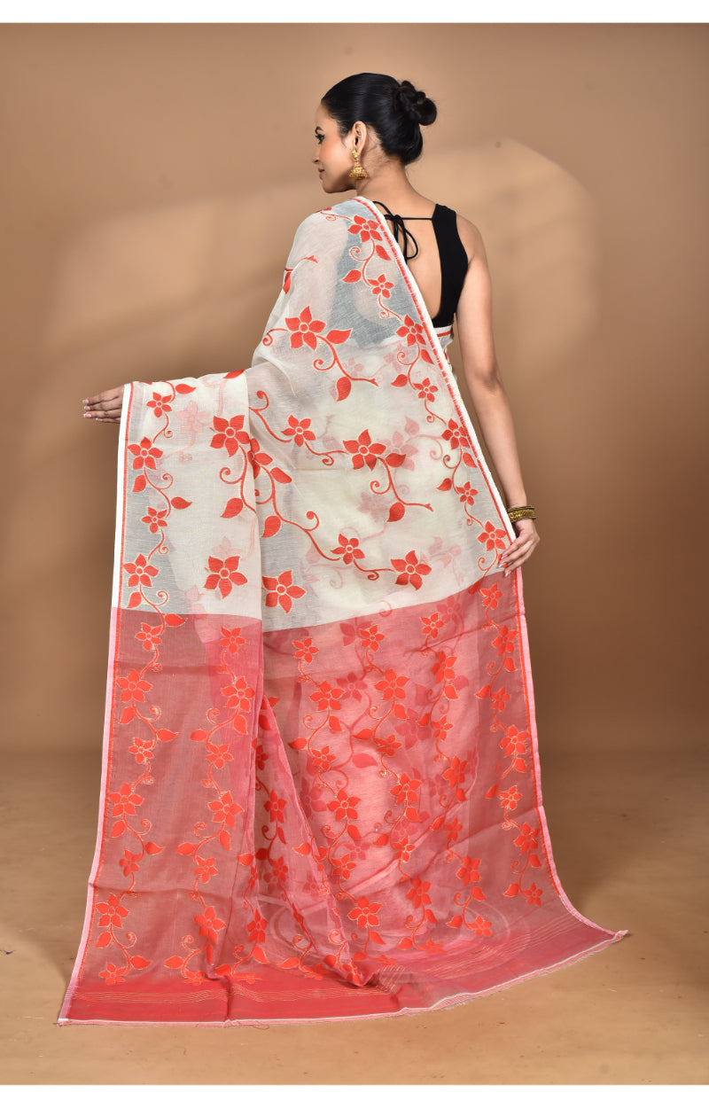 Morchari Pure Cotton Dhakai Jamdani Handloom Saree-Off White | Grocsy