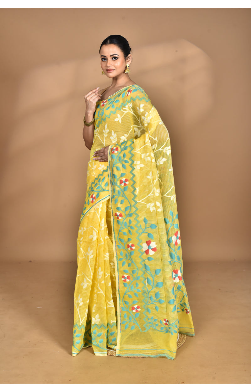 Morchari Pure Cotton Dhakai Jamdani Handloom Saree-Yellow | Grocsy
