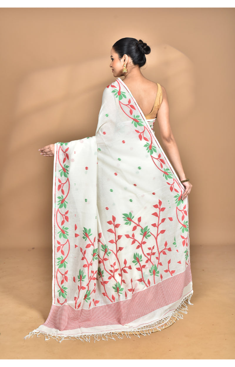 Morchari Pure Cotton Dhakai Jamdani Handloom Saree-Off White | Grocsy