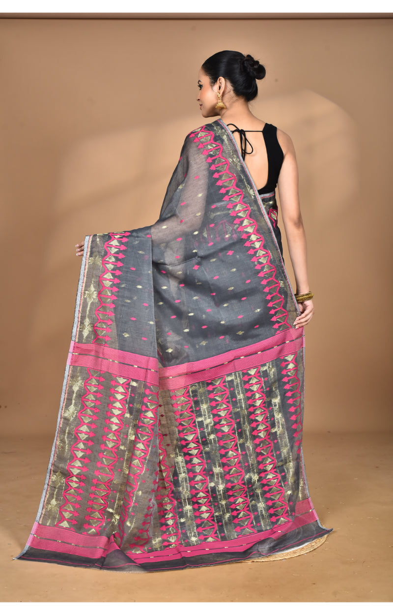 Morchari Pure Cotton Dhakai Jamdani Handloom Saree-Grey | Grocsy