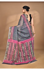Morchari Pure Cotton Dhakai Jamdani Handloom Saree-Grey | Grocsy
