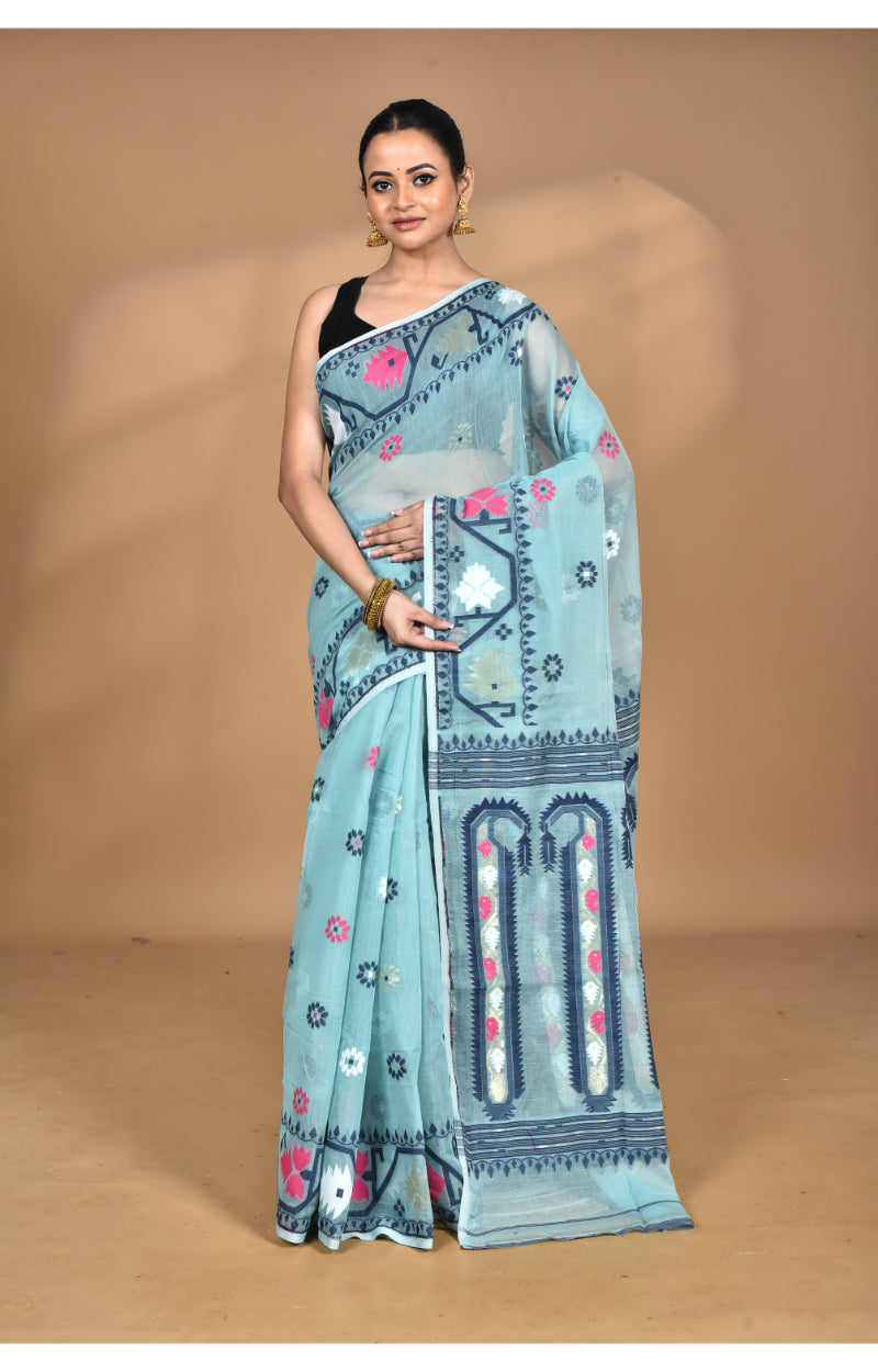 Morchari Pure Cotton Dhakai Jamdani Handloom Saree-Blue | Grocsy