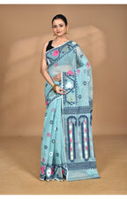 Morchari Pure Cotton Dhakai Jamdani Handloom Saree-Blue | Grocsy