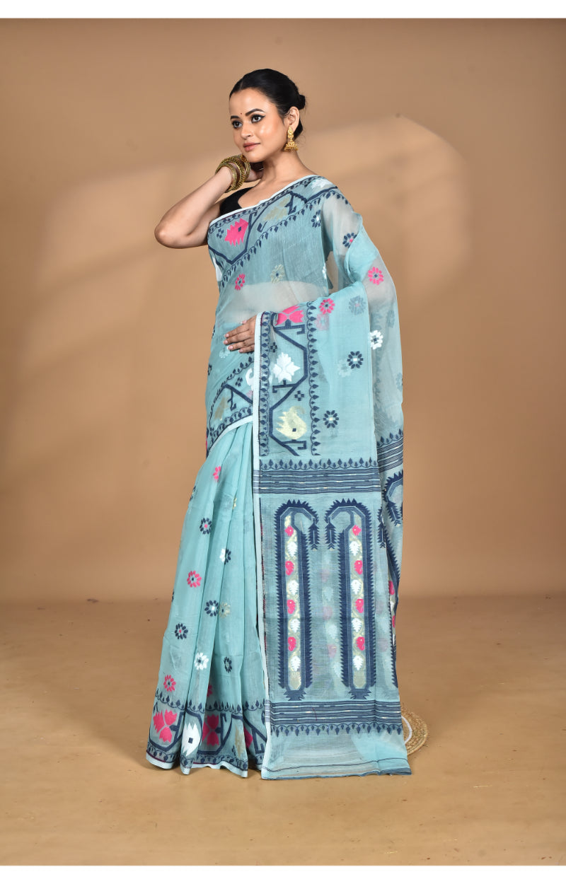 Morchari Pure Cotton Dhakai Jamdani Handloom Saree-Blue | Grocsy