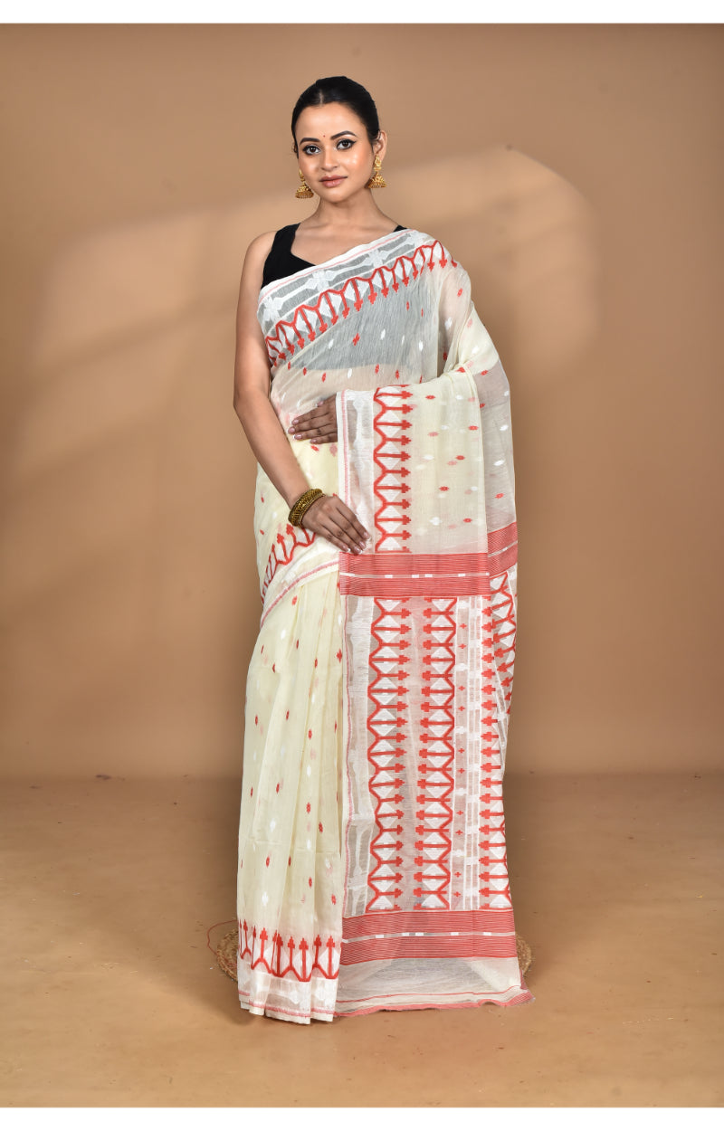 Morchari Pure Cotton Dhakai Jamdani Handloom Saree-Cream | Grocsy