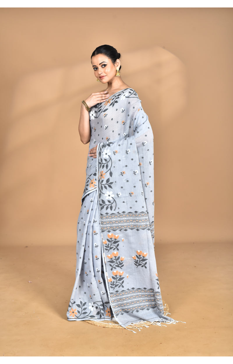 Morchari Pure Cotton Dhakai Jamdani Handloom Saree-Grey | Grocsy