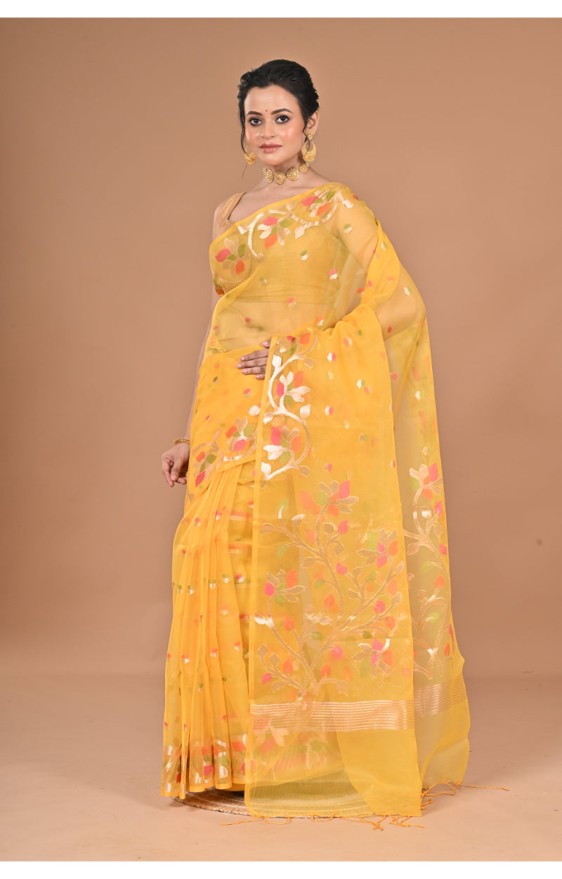 Morchari Heavy Jamdani Silk Orzanga Saree-Yellow | Grocsy