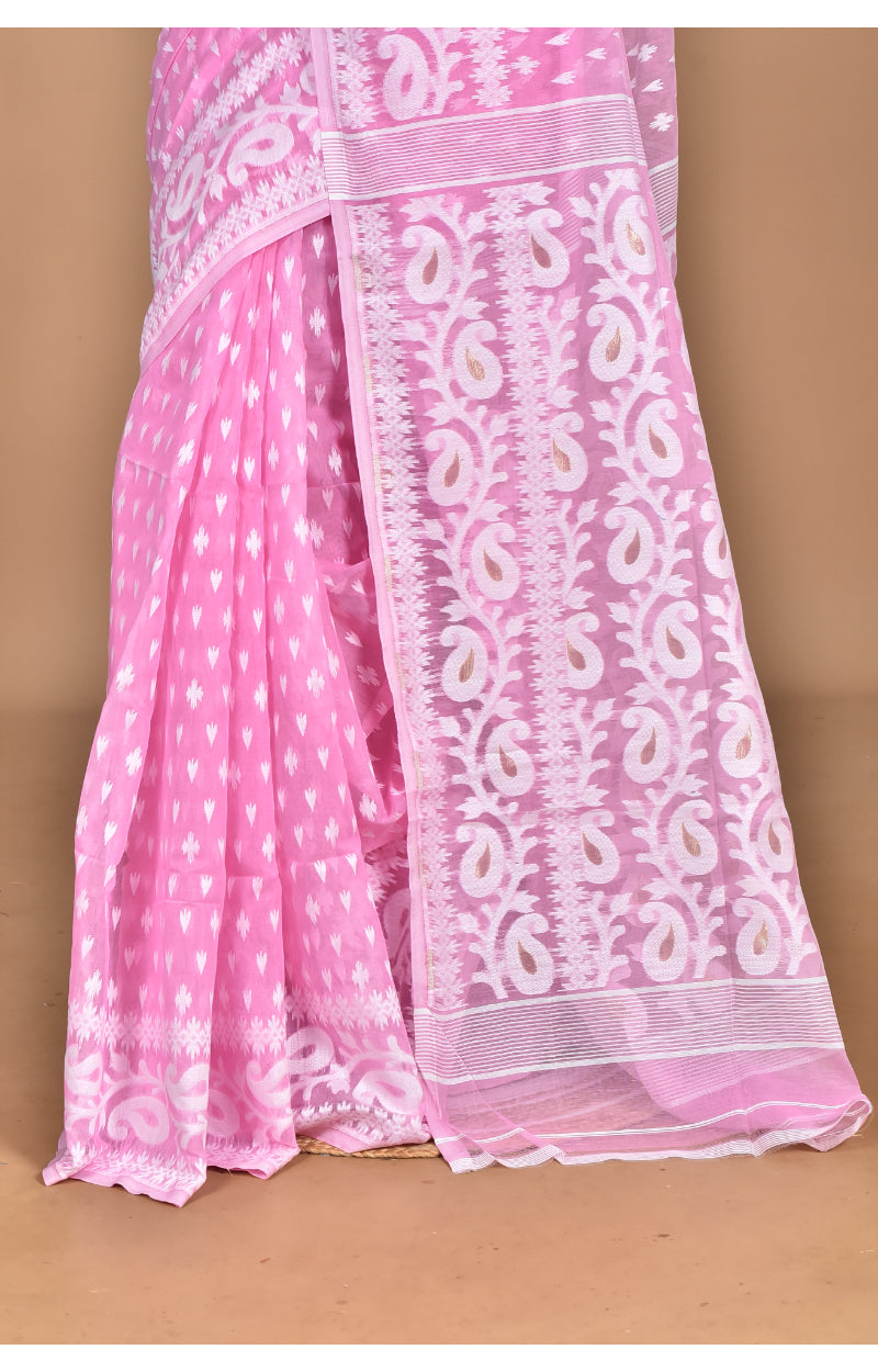 Morchari Pure Cotton Dhakai Jamdani Handloom Saree-Pink | Grocsy